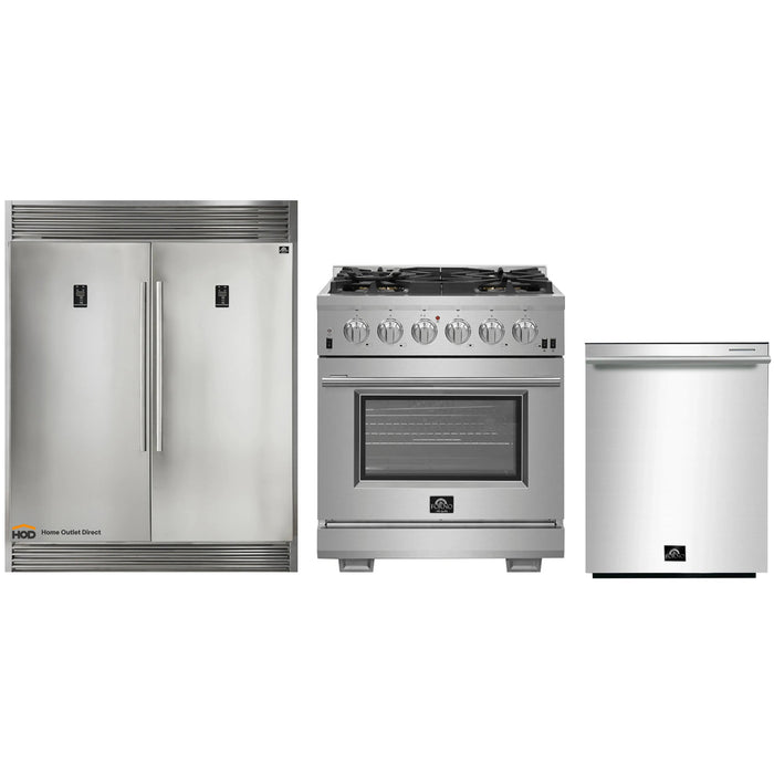 Forno 3-Piece Pro Appliance Package - 30-Inch Gas Range, Pro-Style Refrigerator, and Dishwasher in Stainless Steel FORNO