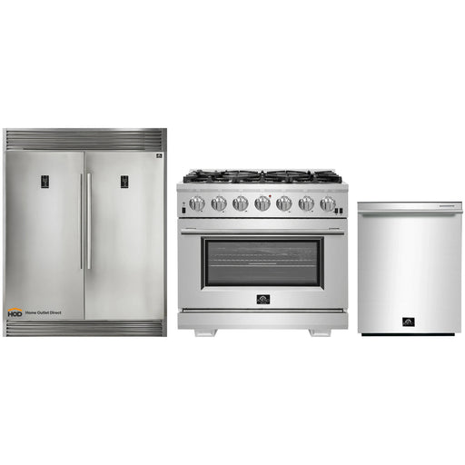 Forno 3-Piece Pro Appliance Package - 36-Inch Gas Range, Pro-Style Refrigerator, and Dishwasher in Stainless Steel FORNO