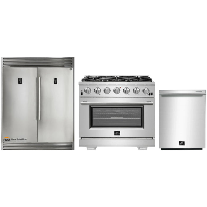 Forno 3-Piece Pro Appliance Package - 36-Inch Gas Range, Pro-Style Refrigerator, and Dishwasher in Stainless Steel FORNO