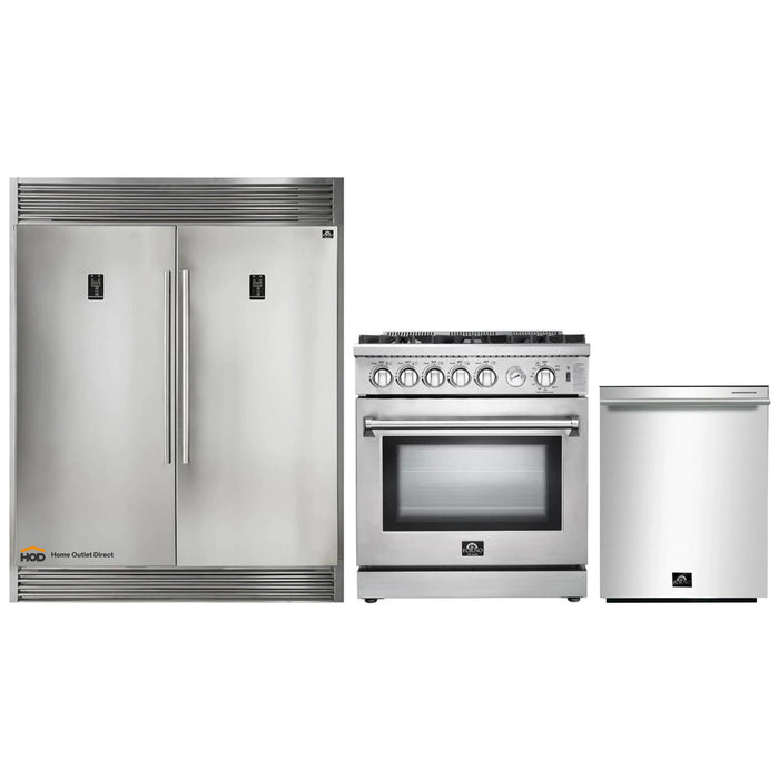 Forno 3-Piece Appliance Package - 30-Inch Gas Range, Pro-Style Refrigerator, and Dishwasher in Stainless Steel FORNO