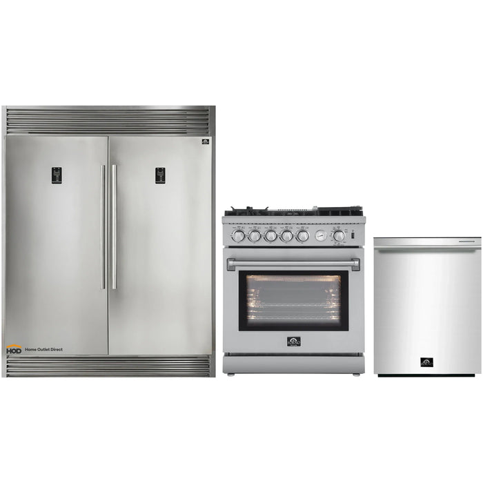 Forno 3-Piece Appliance Package - 30-Inch Gas Range with Air Fryer, Pro-Style Refrigerator, and Dishwasher in Stainless Steel FORNO