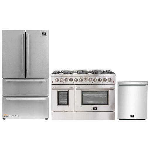 Forno 3-Piece Appliance Package - 48-Inch Dual Fuel Range, French Door Refrigerator, and Dishwasher in Stainless Steel FORNO