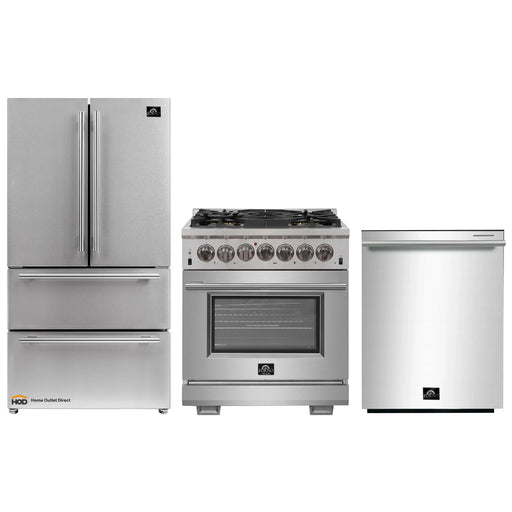 Forno 3-Piece Pro Appliance Package - 30-Inch Dual Fuel Range, French Door Refrigerator, and Dishwasher in Stainless Steel FORNO