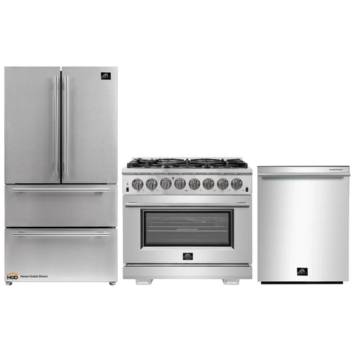 Forno 3-Piece Pro Appliance Package - 36-Inch Dual Fuel Range, French Door Refrigerator, and Dishwasher in Stainless Steel FORNO