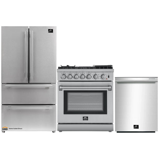 Forno 3-Piece Appliance Package - 30-Inch Dual Fuel Range with Air Fryer, French Door Refrigerator, and Dishwasher in Stainless Steel FORNO
