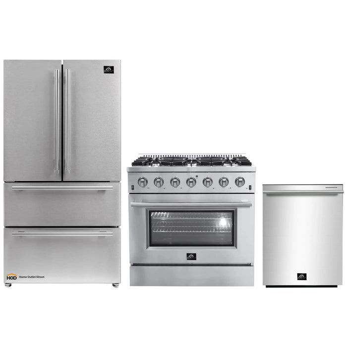 Forno 3-Piece Appliance Package - 36-Inch Gas Range, French Door Refrigerator, and Dishwasher in Stainless Steel FORNO