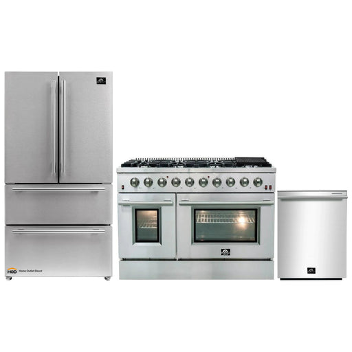 Forno 3-Piece Appliance Package - 48-Inch Gas Range, French Door Refrigerator, and Dishwasher in Stainless Steel FORNO