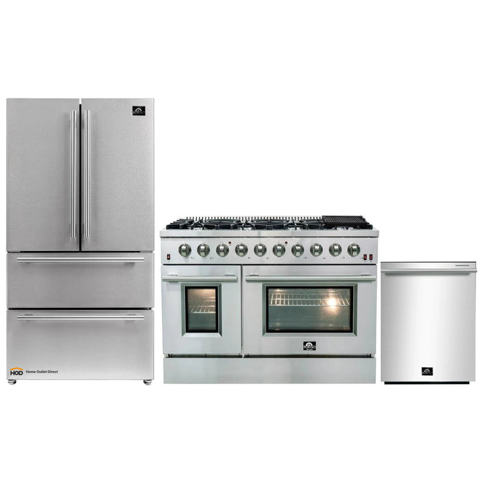 Forno 3-Piece Appliance Package - 48-Inch Gas Range, French Door Refrigerator, and Dishwasher in Stainless Steel FORNO