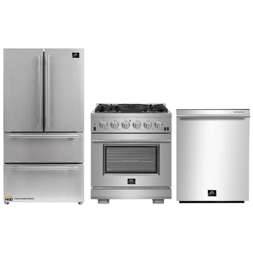 Forno 3-Piece Pro Appliance Package - 30-Inch Gas Range, French Door Refrigerator, and Dishwasher in Stainless Steel FORNO
