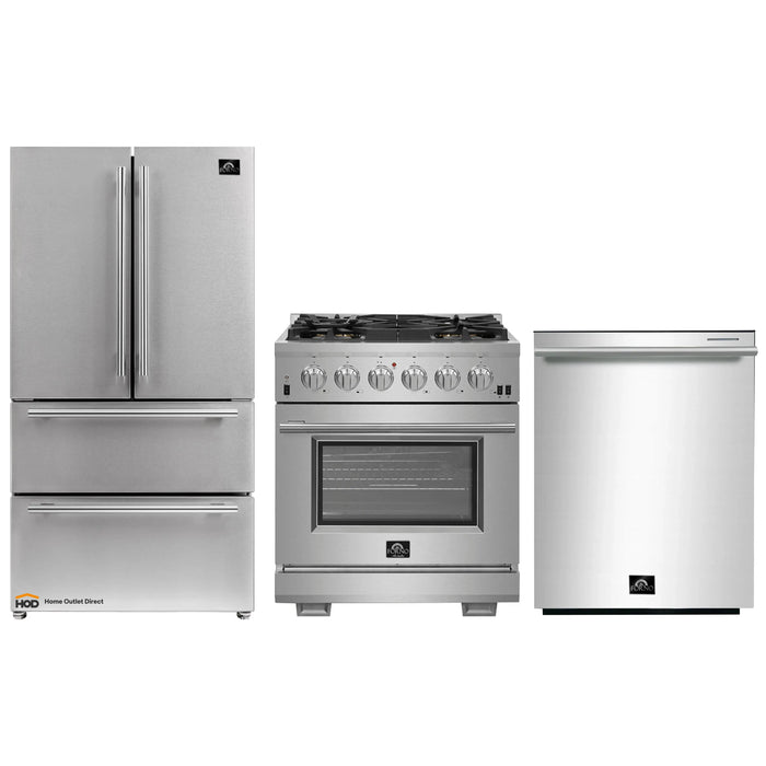 Forno 3-Piece Pro Appliance Package - 30-Inch Gas Range, French Door Refrigerator, and Dishwasher in Stainless Steel FORNO