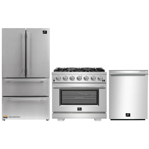 Forno 3-Piece Pro Appliance Package - 36-Inch Gas Range, French Door Refrigerator, and Dishwasher in Stainless Steel FORNO
