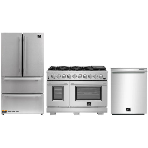 Forno 3-Piece Pro Appliance Package - 48-Inch Gas Range, French Door Refrigerator, and Dishwasher in Stainless Steel FORNO