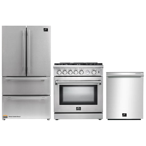 Forno 3-Piece Appliance Package - 30-Inch Gas Range, French Door Refrigerator, and Dishwasher in Stainless Steel FORNO