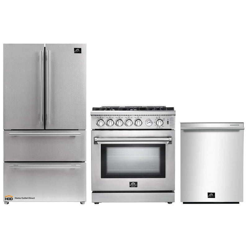 Forno 3-Piece Appliance Package - 30-Inch Gas Range, French Door Refrigerator, and Dishwasher in Stainless Steel