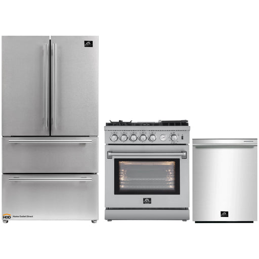 Forno 3-Piece Appliance Package - 30-Inch Gas Range with Air Fryer, French Door Refrigerator, and Dishwasher in Stainless Steel FORNO