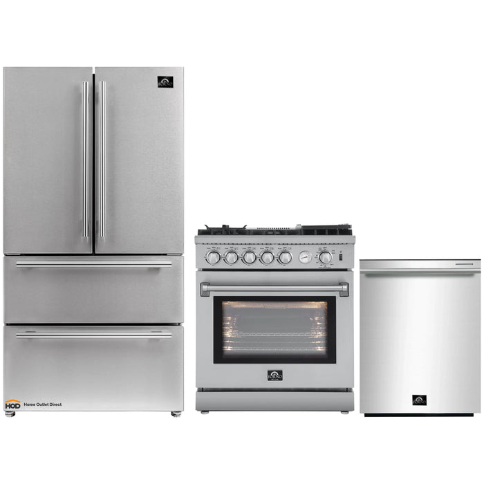 Forno 3-Piece Appliance Package - 30-Inch Gas Range with Air Fryer, French Door Refrigerator, and Dishwasher in Stainless Steel FORNO