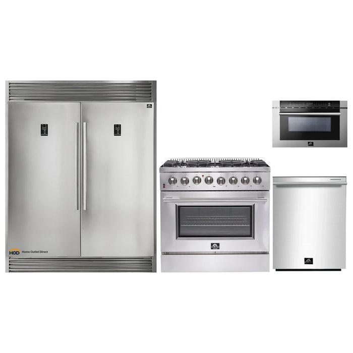 Forno 4-Piece Appliance Package - 36-Inch Dual Fuel Range, 56-Inch Pro-Style Refrigerator, Microwave Drawer, & 3-Rack Dishwasher in Stainless Steel FORNO