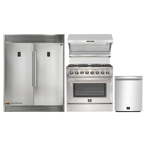 Forno 4-Piece Appliance Package - 36-Inch Dual Fuel Range, 56-Inch Pro-Style Refrigerator, Wall Mount Hood with Backsplash, & 3-Rack Dishwasher in Stainless Steel FORNO
