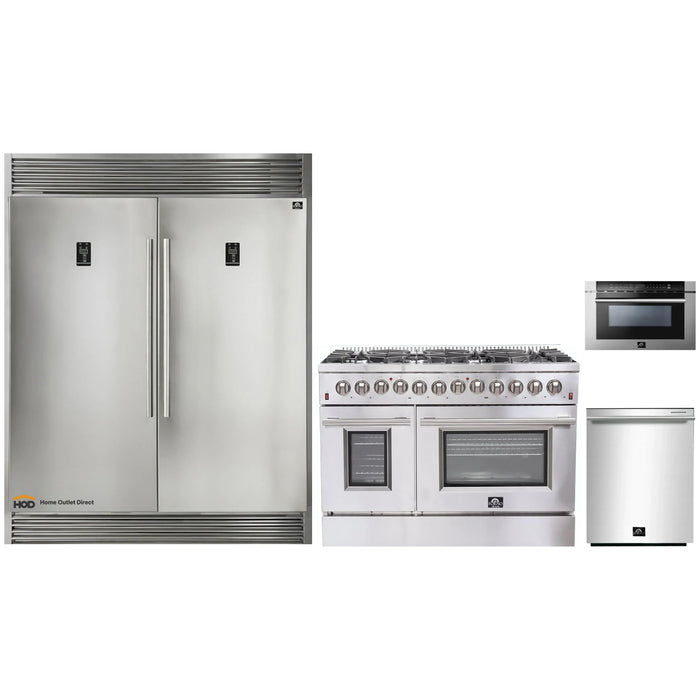 Forno 4-Piece Appliance Package - 48-Inch Dual Fuel Range, 56-Inch Pro-Style Refrigerator, Microwave Drawer, & 3-Rack Dishwasher in Stainless Steel FORNO