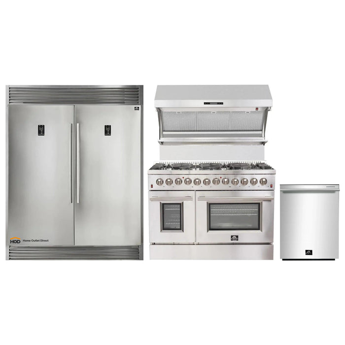 Forno 4-Piece Appliance Package - 48-Inch Dual Fuel Range, 56-Inch Pro-Style Refrigerator, Wall Mount Hood with Backsplash, & 3-Rack Dishwasher in Stainless Steel FORNO