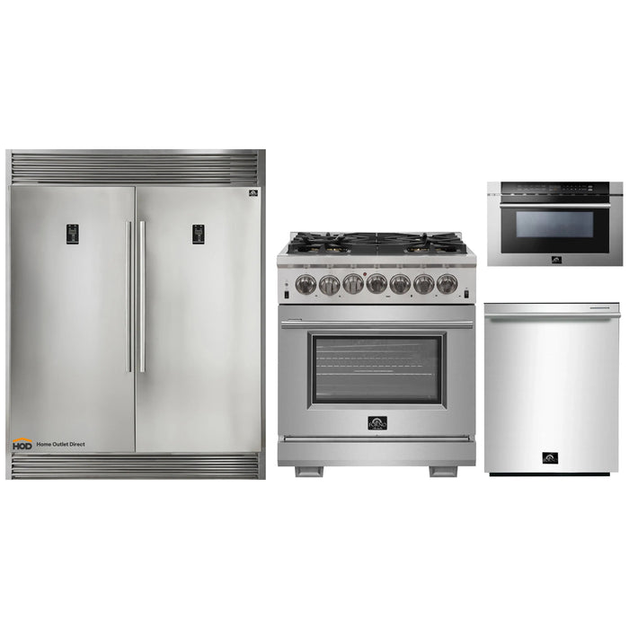 Forno 4-Piece Pro Appliance Package - 30-Inch Dual Fuel Range, 56-Inch Pro-Style Refrigerator, Microwave Drawer, & 3-Rack Dishwasher in Stainless Steel FORNO