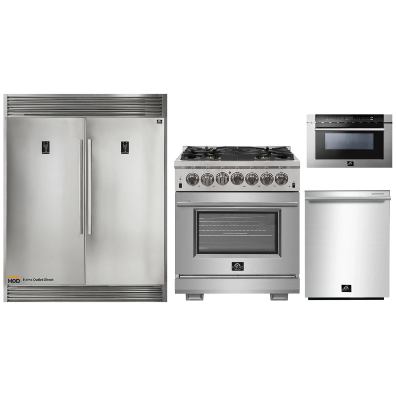Forno 4-Piece Pro Appliance Package - 30-Inch Dual Fuel Range, 56-Inch Pro-Style Refrigerator, Microwave Drawer, & 3-Rack Dishwasher in Stainless Steel