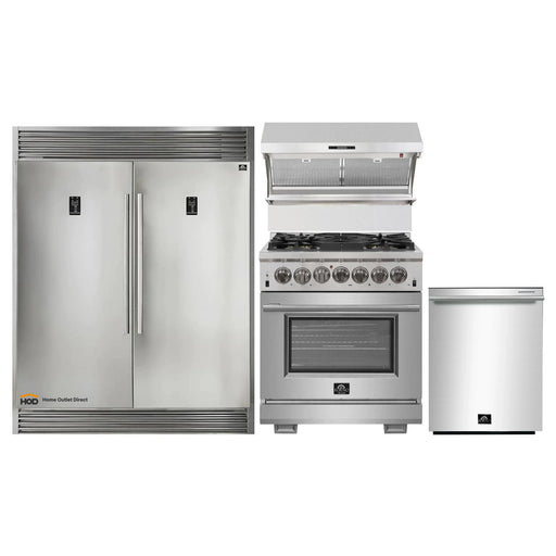 Forno 4-Piece Pro Appliance Package - 30-Inch Dual Fuel Range, Premium Hood, Pro-Style Refrigerator, and Dishwasher in Stainless Steel FORNO
