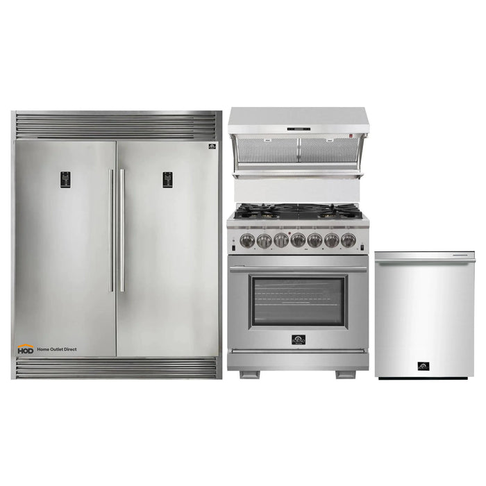 Forno 4-Piece Pro Appliance Package - 30-Inch Dual Fuel Range, Premium Hood, Pro-Style Refrigerator, and Dishwasher in Stainless Steel FORNO