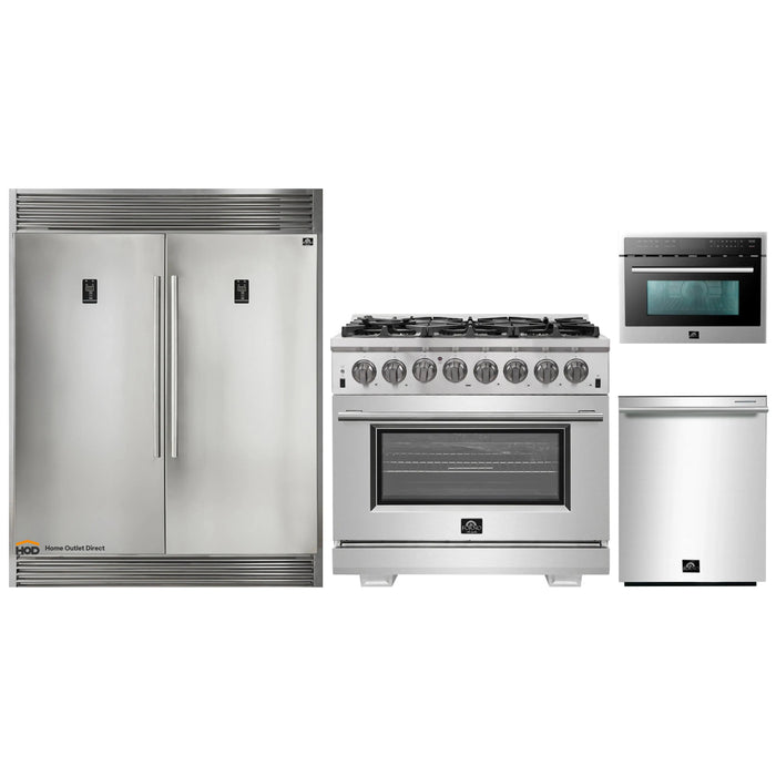Forno 4-Piece Pro Appliance Package - 36-Inch Dual Fuel Range, 56-Inch Pro-Style Refrigerator, Microwave Oven, & 3-Rack Dishwasher in Stainless Steel FORNO