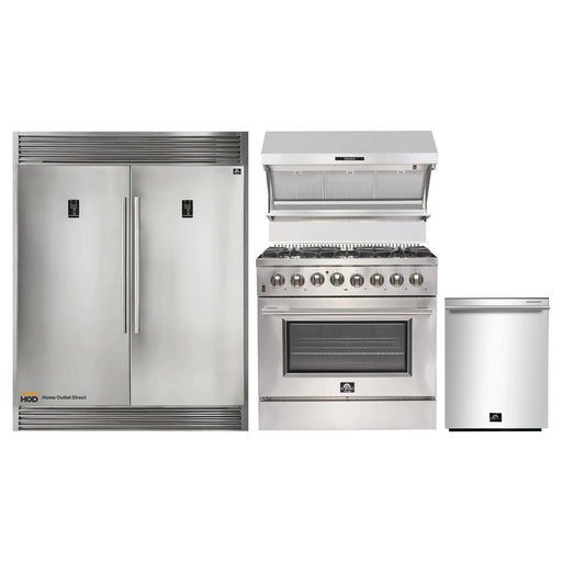 Forno 4-Piece Pro Appliance Package - 36-Inch Dual Fuel Range, Pro-Style Refrigerator, Wall Mount Hood with Backsplash, and Dishwasher in Stainless Steel FORNO