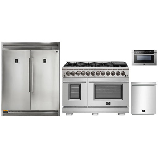 Forno 4-Piece Pro Appliance Package - 48-Inch Dual Fuel Range, 56-Inch Pro-Style Refrigerator, Microwave Drawer, & 3-Rack Dishwasher in Stainless Steel FORNO