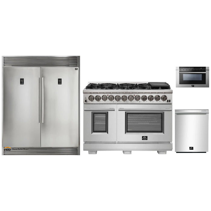 Forno 4-Piece Pro Appliance Package - 48-Inch Dual Fuel Range, 56-Inch Pro-Style Refrigerator, Microwave Drawer, & 3-Rack Dishwasher in Stainless Steel FORNO