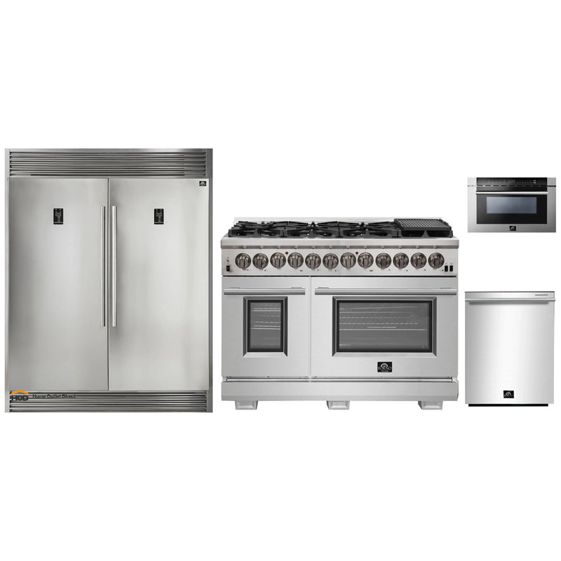 Forno 4-Piece Pro Appliance Package - 48-Inch Dual Fuel Range, 56-Inch Pro-Style Refrigerator, Microwave Drawer, & 3-Rack Dishwasher in Stainless Steel