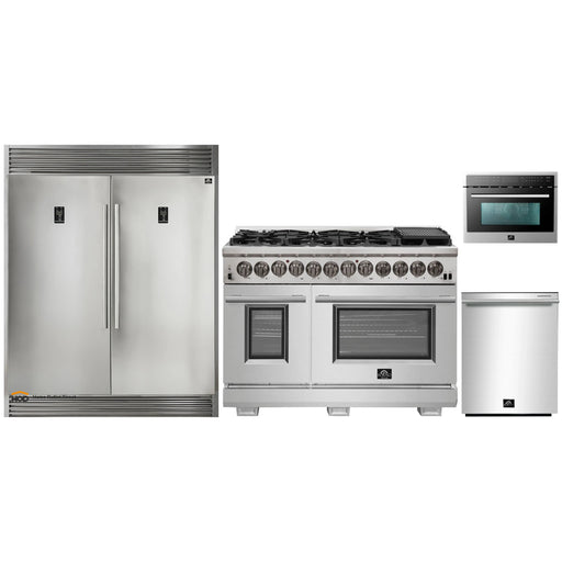 Forno 4-Piece Pro Appliance Package - 48-Inch Dual Fuel Range, 56-Inch Pro-Style Refrigerator, Microwave Oven, & 3-Rack Dishwasher in Stainless Steel FORNO