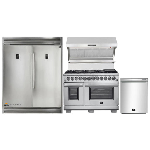 Forno 4-Piece Pro Appliance Package - 48-Inch Dual Fuel Range, 56-Inch Pro-Style Refrigerator, Wall Mount Hood with Backsplash, & Dishwasher in Stainless Steel FORNO