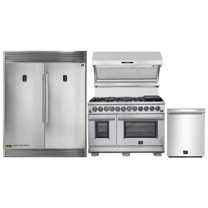 Forno 4-Piece Pro Appliance Package - 48-Inch Dual Fuel Range, 56-Inch Pro-Style Refrigerator, Wall Mount Hood with Backsplash, & Dishwasher in Stainless Steel FORNO