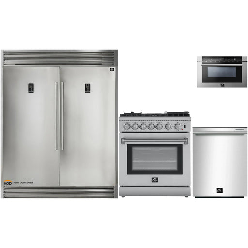 Forno 4-Piece Appliance Package - 30-Inch Dual Fuel Range with Air Fryer, 56-Inch Pro-Style Refrigerator, Microwave Drawer, & 3-Rack Dishwasher in Stainless Steel FORNO