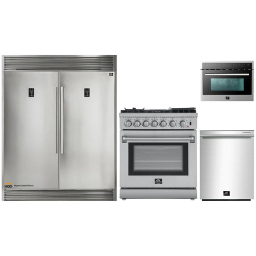 Forno 4-Piece Appliance Package - 30-Inch Dual Fuel Range with Air Fryer, 56-Inch Pro-Style Refrigerator, Microwave Oven, & 3-Rack Dishwasher in Stainless Steel FORNO