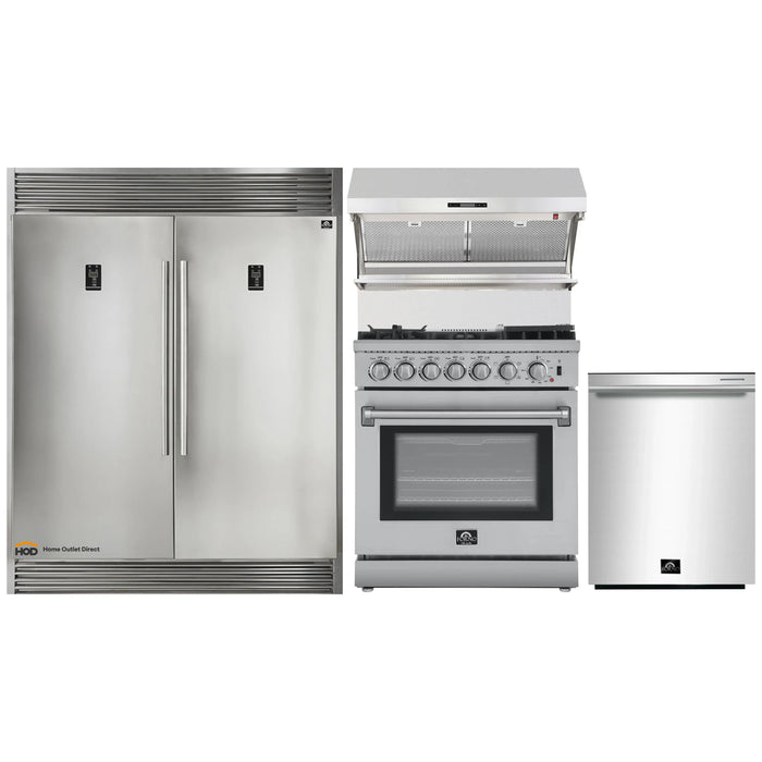 Forno 4-Piece Appliance Package - 30-Inch Dual Fuel Range with Air Fyer, 56-Inch Pro-Style Refrigerator, Wall Mount Hood with Backsplash, & 3-Rack Dishwasher in Stainless Steel FORNO