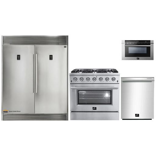 Forno 4-Piece Appliance Package - 36-Inch Gas Range, 56-Inch Pro-Style Refrigerator, Microwave Drawer, & 3-Rack Dishwasher in Stainless Steel FORNO