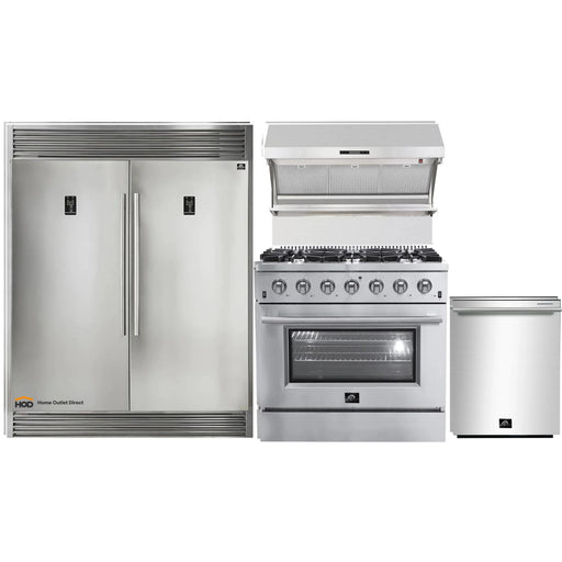 Forno 4-Piece Appliance Package - 36-Inch Gas Range, 56-Inch Pro-Style Refrigerator, Wall Mount Hood with Backsplash, & 3-Rack Dishwasher in Stainless Steel FORNO
