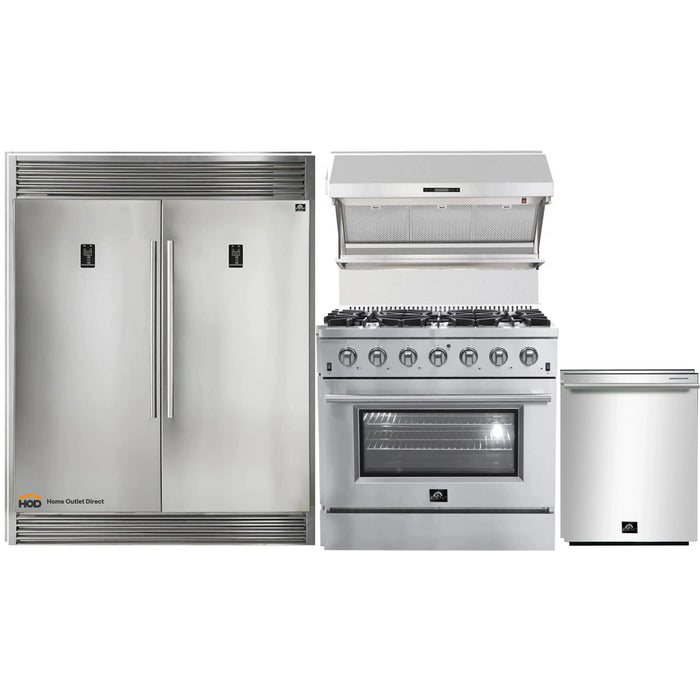 Forno 4-Piece Appliance Package - 36-Inch Gas Range, 56-Inch Pro-Style Refrigerator, Wall Mount Hood with Backsplash, & 3-Rack Dishwasher in Stainless Steel FORNO