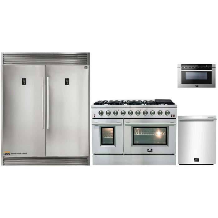 Forno 4-Piece Appliance Package - 48-Inch Gas Range, 56-Inch Pro-Style Refrigerator, Microwave Drawer, & 3-Rack Dishwasher in Stainless Steel FORNO