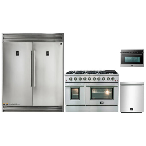 Forno 4-Piece Appliance Package - 48-Inch Gas Range, 56-Inch Pro-Style Refrigerator, Microwave Oven, & 3-Rack Dishwasher in Stainless Steel FORNO