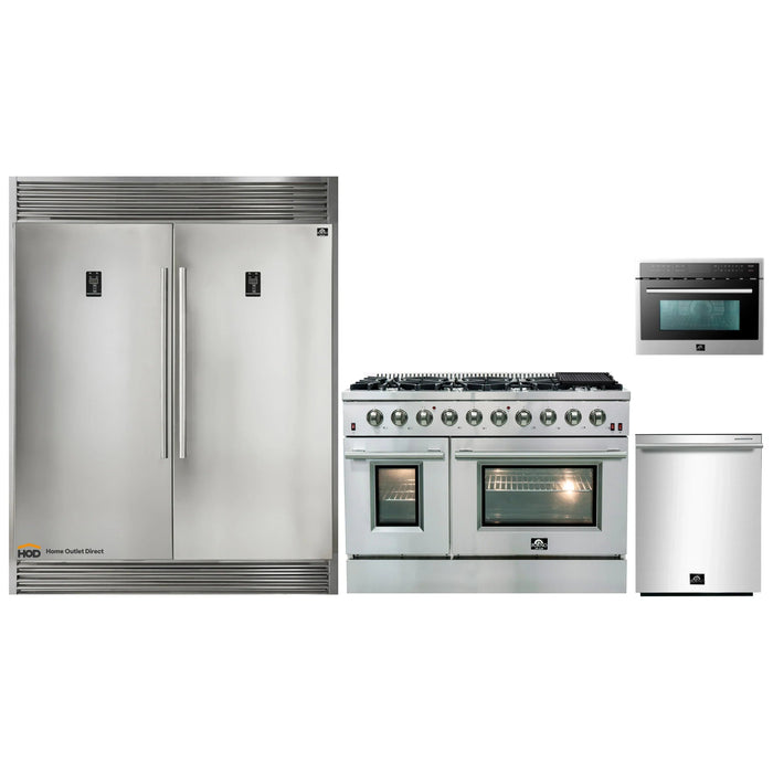 Forno 4-Piece Appliance Package - 48-Inch Gas Range, 56-Inch Pro-Style Refrigerator, Microwave Oven, & 3-Rack Dishwasher in Stainless Steel FORNO