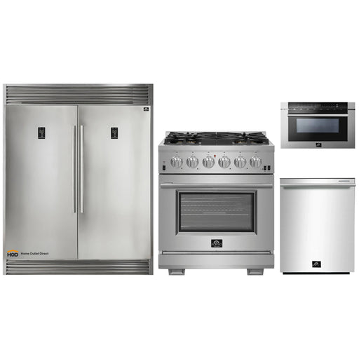 Forno 4-Piece Pro Appliance Package - 30-Inch Gas Range, 56-Inch Pro-Style Refrigerator, Microwave Drawer, & 3-Rack Dishwasher in Stainless Steel FORNO