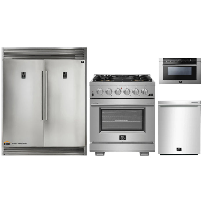 Forno 4-Piece Pro Appliance Package - 30-Inch Gas Range, 56-Inch Pro-Style Refrigerator, Microwave Drawer, & 3-Rack Dishwasher in Stainless Steel FORNO