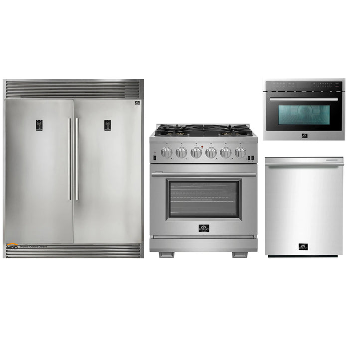 Forno 4-Piece Pro Appliance Package - 30-Inch Gas Range, 56-Inch Pro-Style Refrigerator, Microwave Oven, & 3-Rack Dishwasher in Stainless Steel FORNO