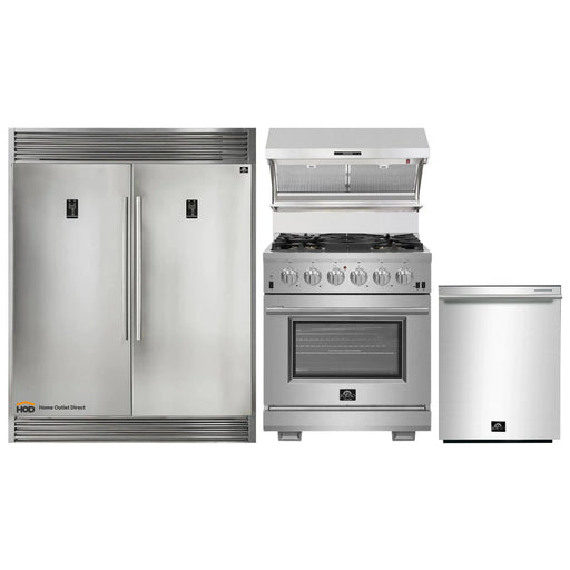 Forno 4-Piece Pro Appliance Package - 30-Inch Gas Range, 56-Inch Pro-Style Refrigerator, Wall Mount Hood with Backsplash, and Dishwasher in Stainless Steel FORNO