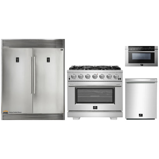 Forno 4-Piece Pro Appliance Package - 36-Inch Gas Range, 56-Inch Pro-Style Refrigerator, Microwave Drawer, & 3-Rack Dishwasher in Stainless Steel FORNO
